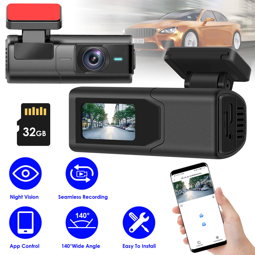 Car dashboard camera with smartphone app, night vision, and recording features.