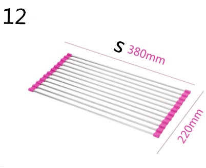 Set of pink and silver metal rods with measurements on a white background