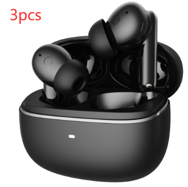 Black wireless earbuds with charging case on a white background