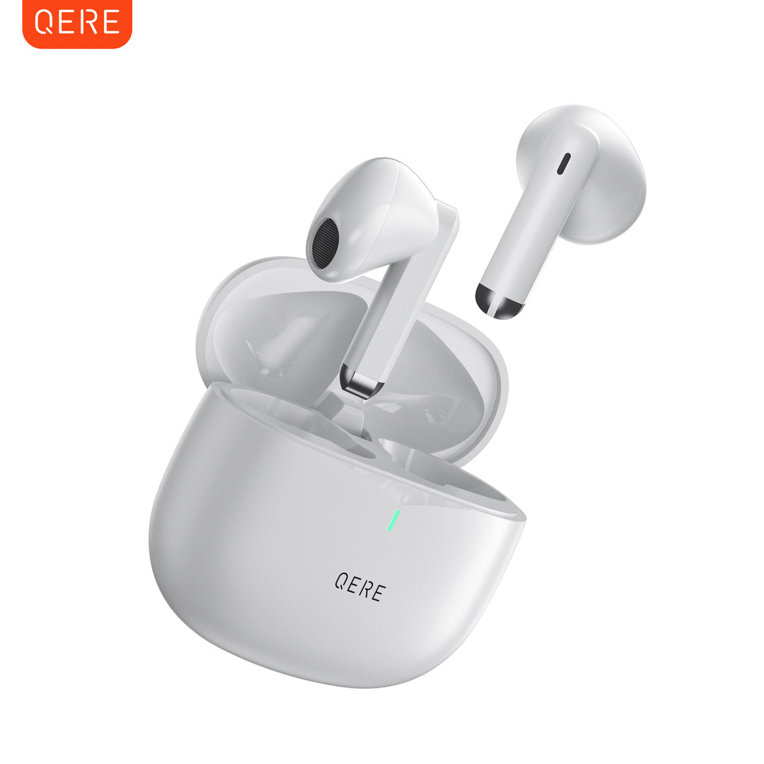 White wireless earbuds with charging case on a white background, featuring the QERE brand.