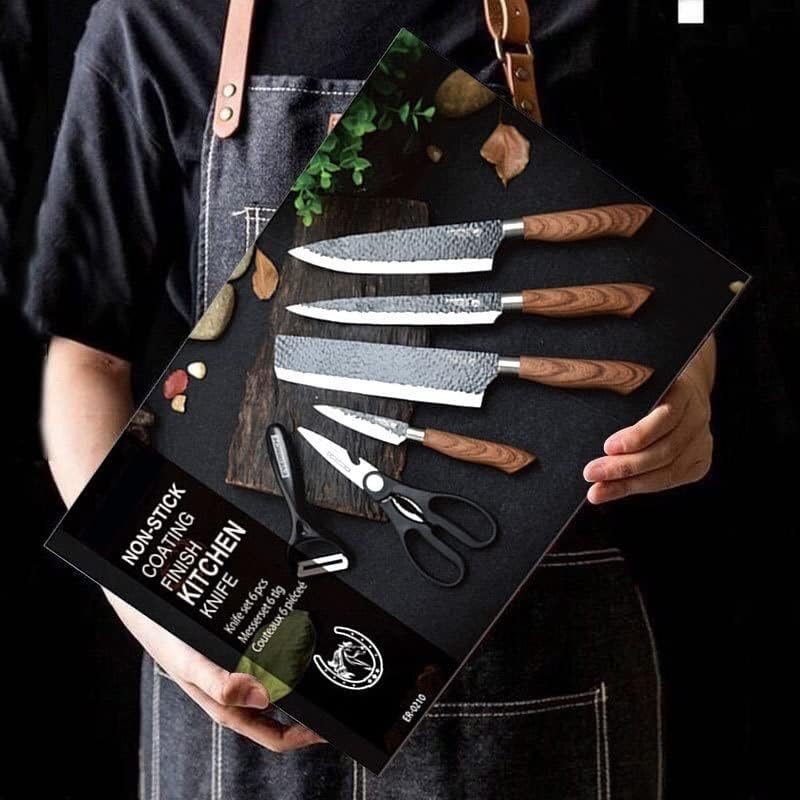 Person holding a set of knives on a black board with a brand logo.