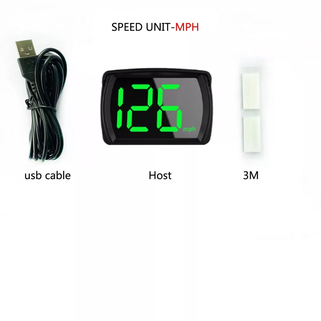 Digital speedometer with USB cable, host, and 3M tape on a white background