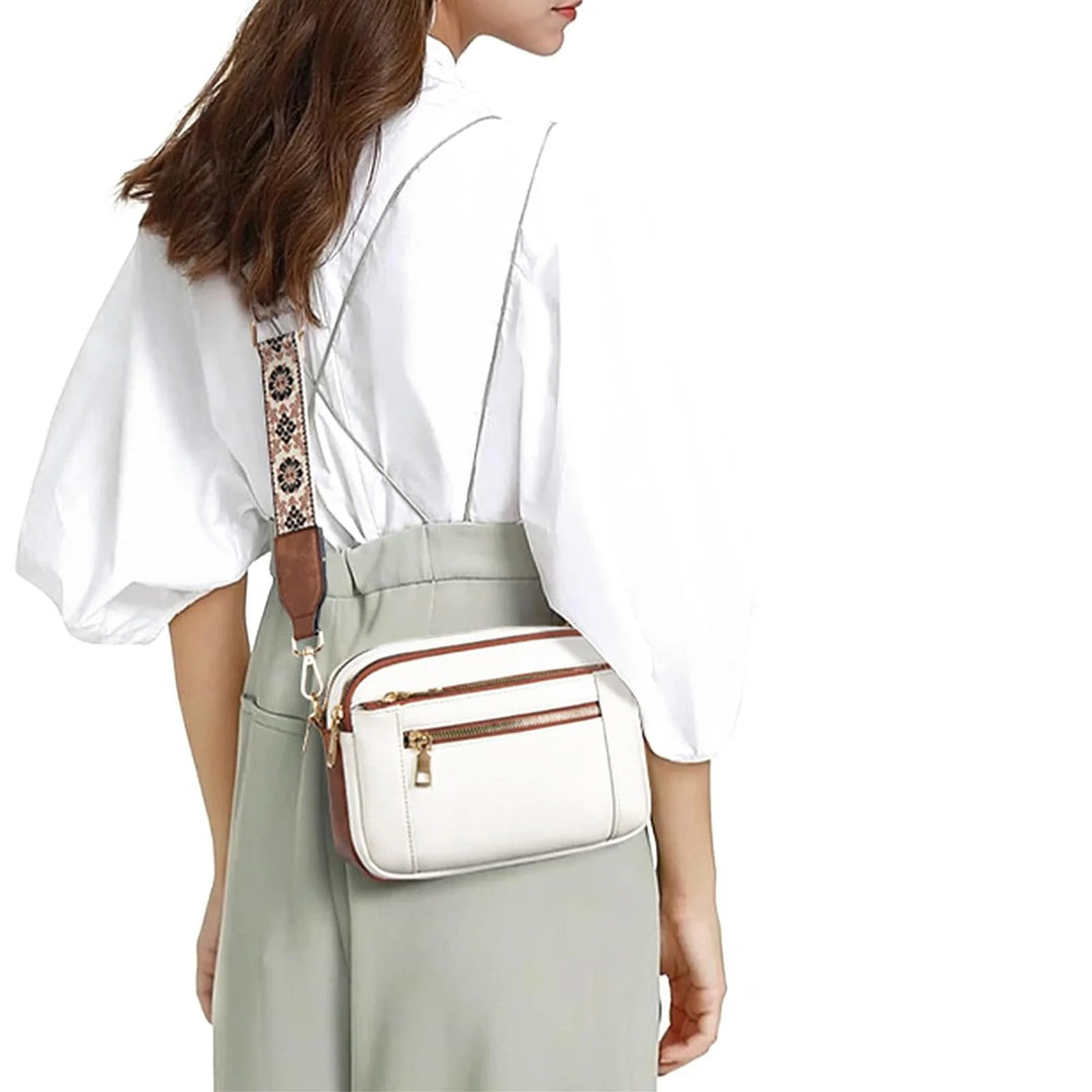Triple-zipper Shoulder Bag With Floral Embroidered Straps Fashion Colorblock Multi-functional Crossbody Bags For Women