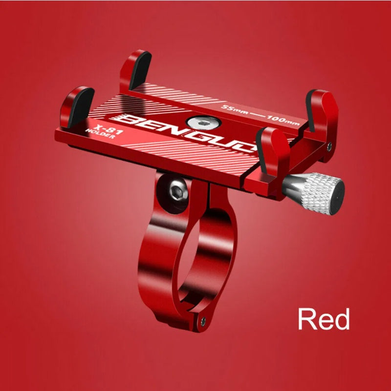 Red phone holder with brand name on a red background