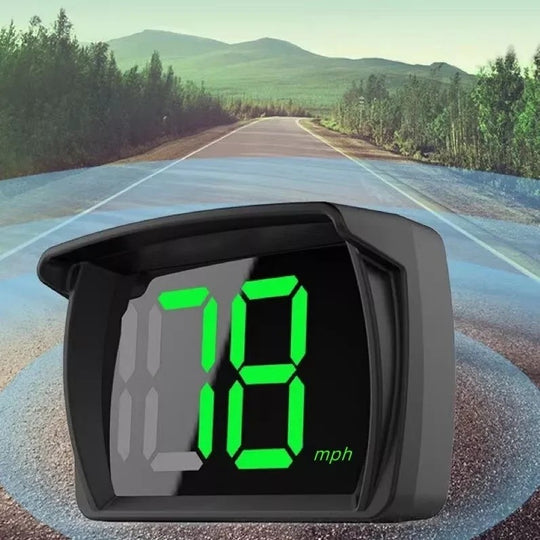 Digital speedometer displaying 78 mph with a road and landscape in the background