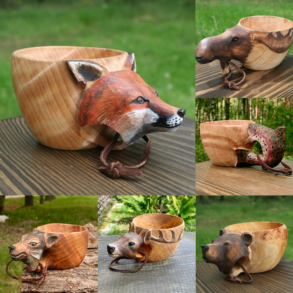 Collage of wooden animal-shaped bowls on a natural background