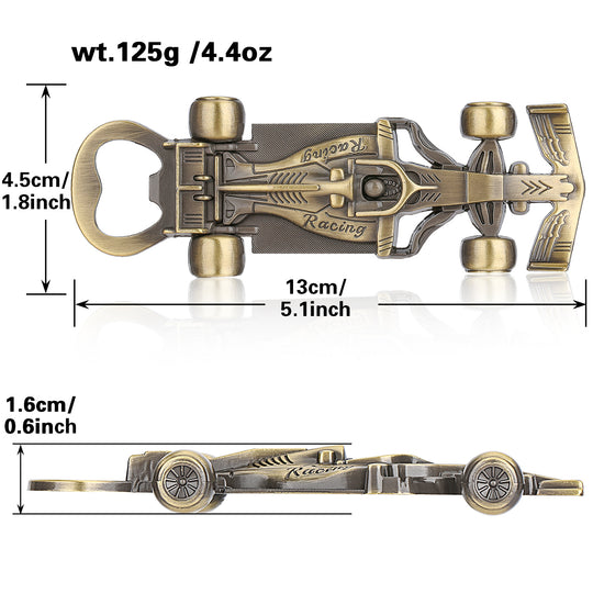 Brass bottle opener shaped like a racing car with measurements and weight displayed.