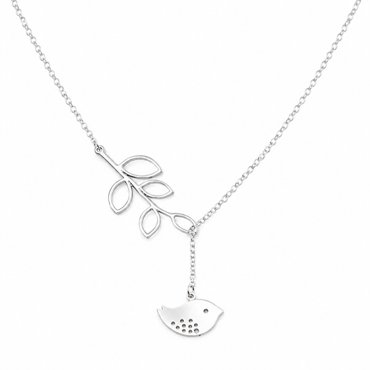 Bird &amp; Branch Pendant Necklace – White Gold Plated