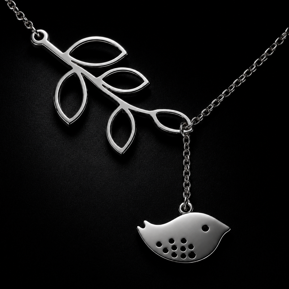 Bird & Branch Pendant Necklace – White Gold Plated