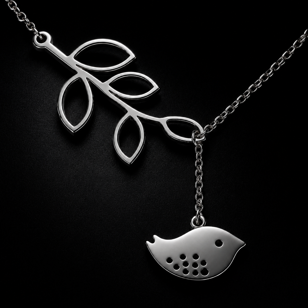 Bird &amp; Branch Pendant Necklace – White Gold Plated