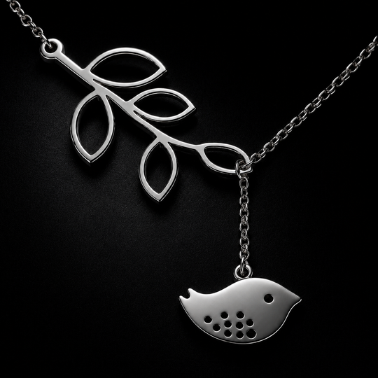 Bird &amp; Branch Pendant Necklace – White Gold Plated