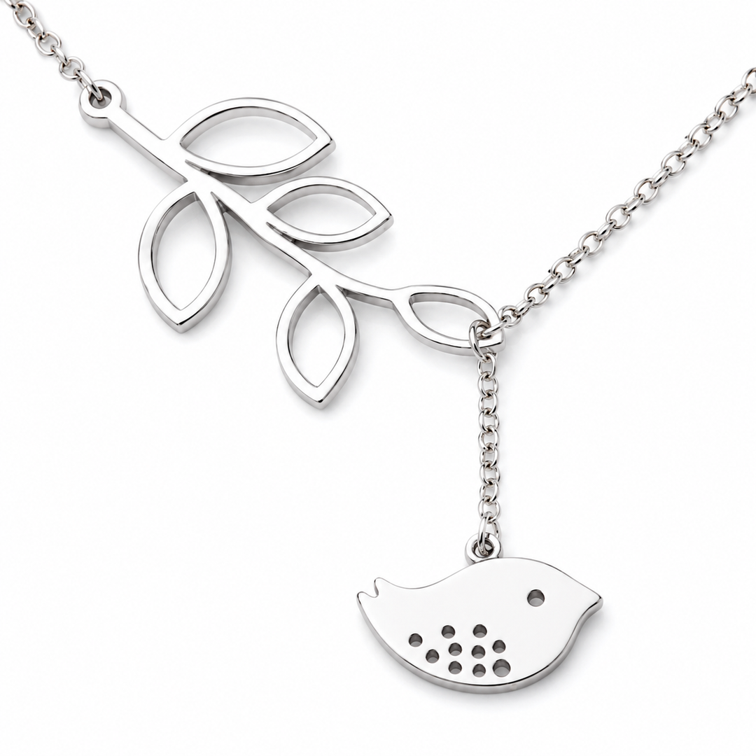 Bird &amp; Branch Pendant Necklace – White Gold Plated
