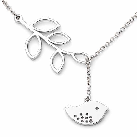Bird &amp; Branch Pendant Necklace – White Gold Plated