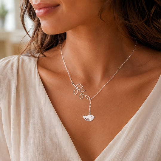 Bird &amp; Branch Pendant Necklace – White Gold Plated