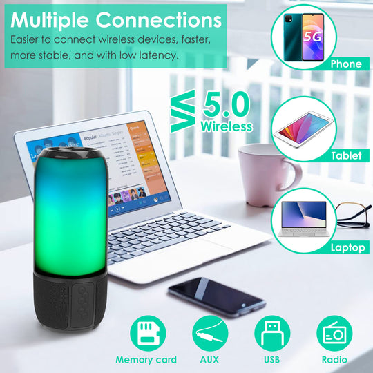 Wireless device with 5.0 wireless connection technology on a desk with laptop, phone, and tablet.