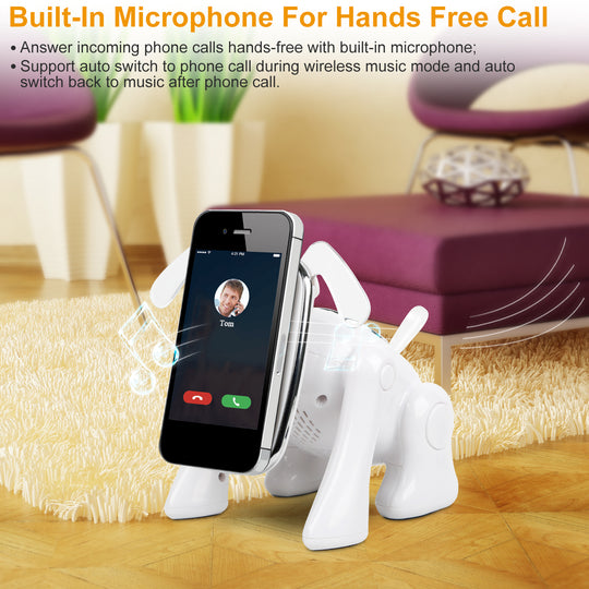 Phone stand with built-in microphone in a living room setting