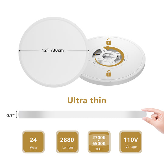 12 In. LED Flush Mount Ceiling Light Fixture - 2880 Lumens, Dimmable