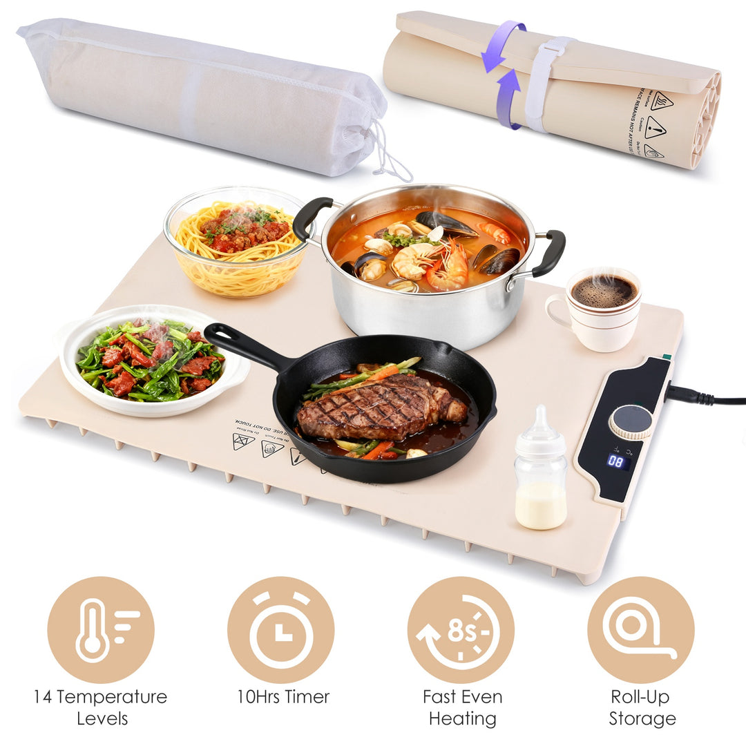 Portable cooking setup with food items and a heating mat, featuring rolls of paper and a bottle.