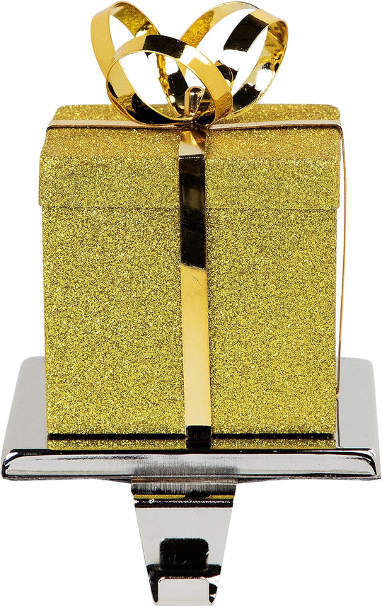 5.5" Glitter Gold and Silver Gift Box Metal Christmas Stocking Holder