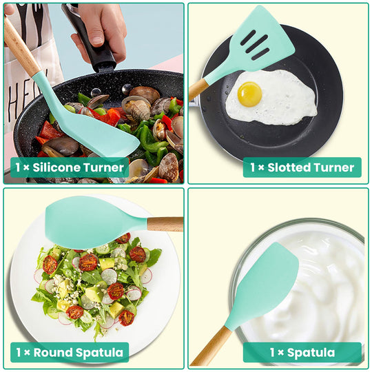 Set of silicone kitchen utensils including a silicone turner, slotted turner, round spatula, and spatula used in various cooking scenarios.