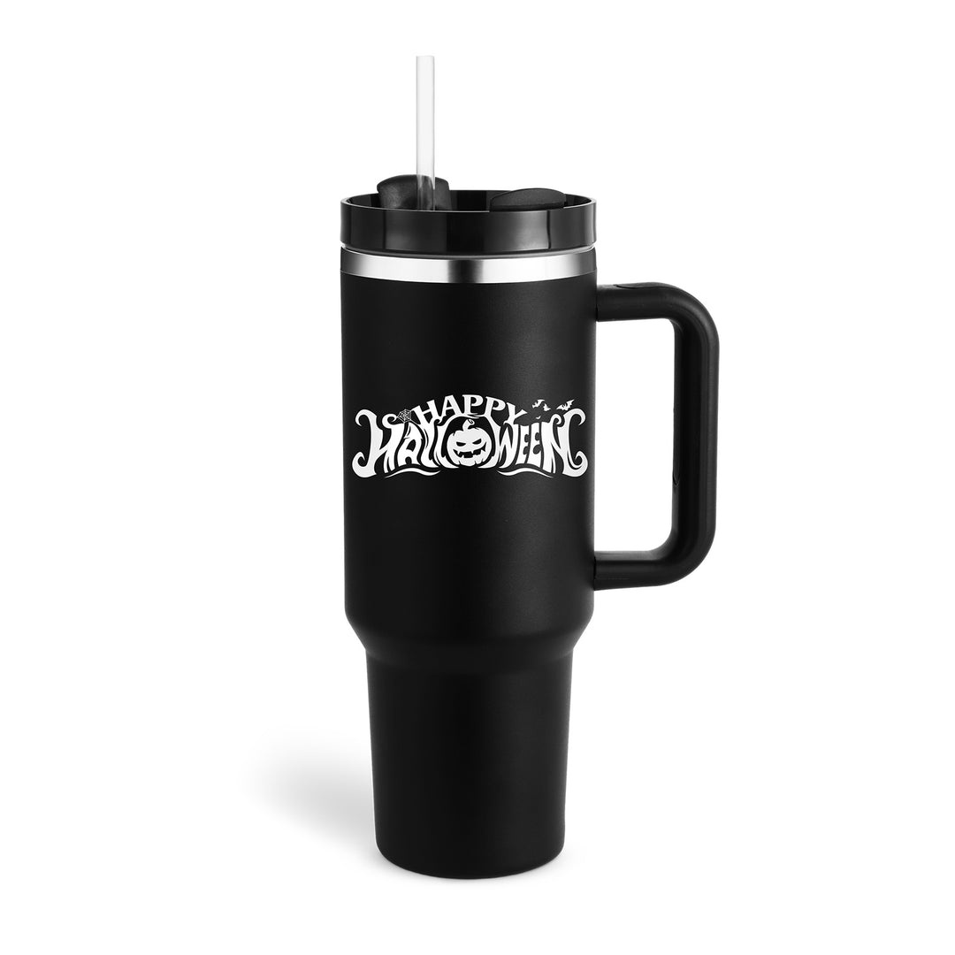 Black travel mug with &