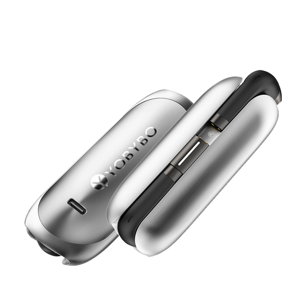 Silver and black electronic device with &