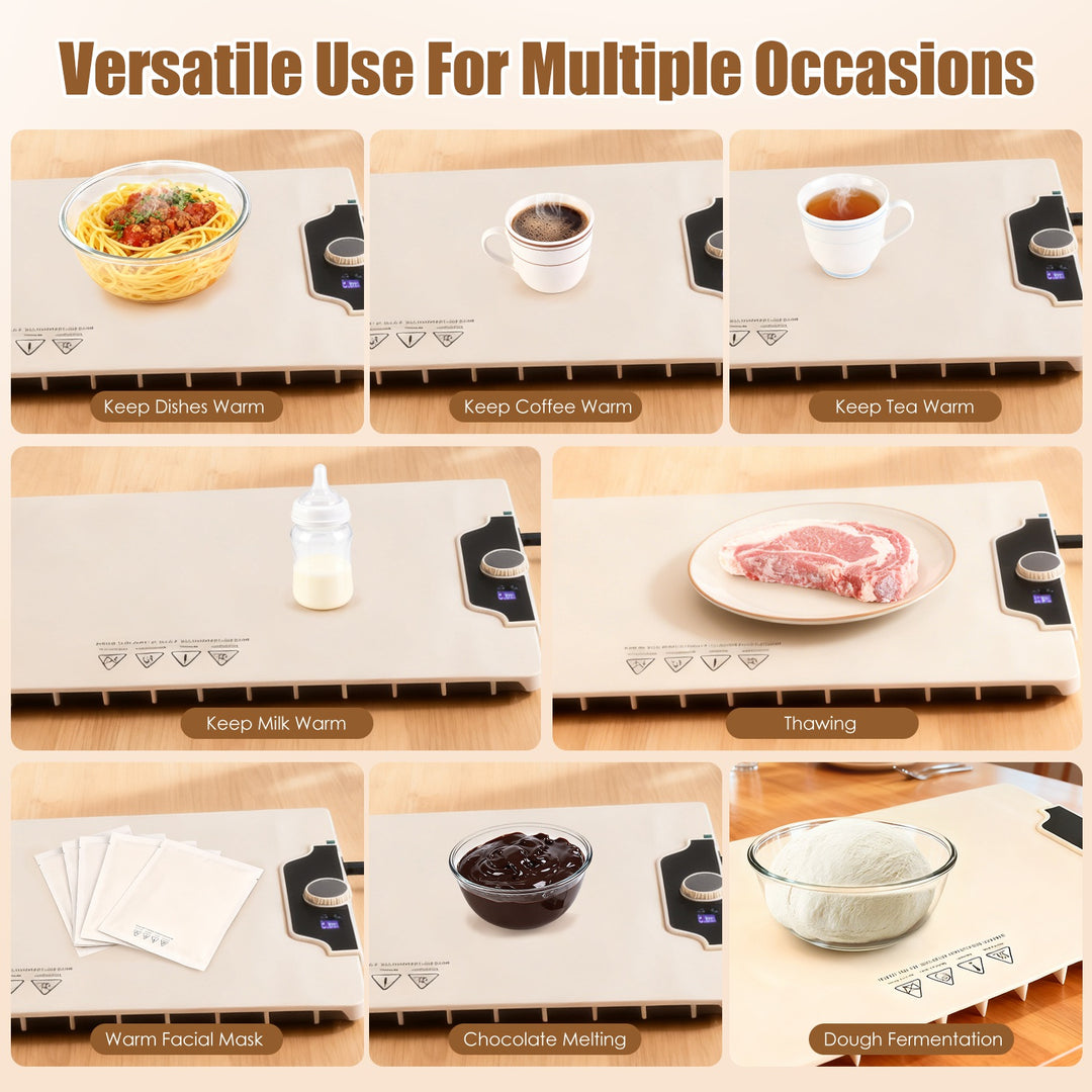 Collage of a portable heating mat used for various purposes on a wooden surface.