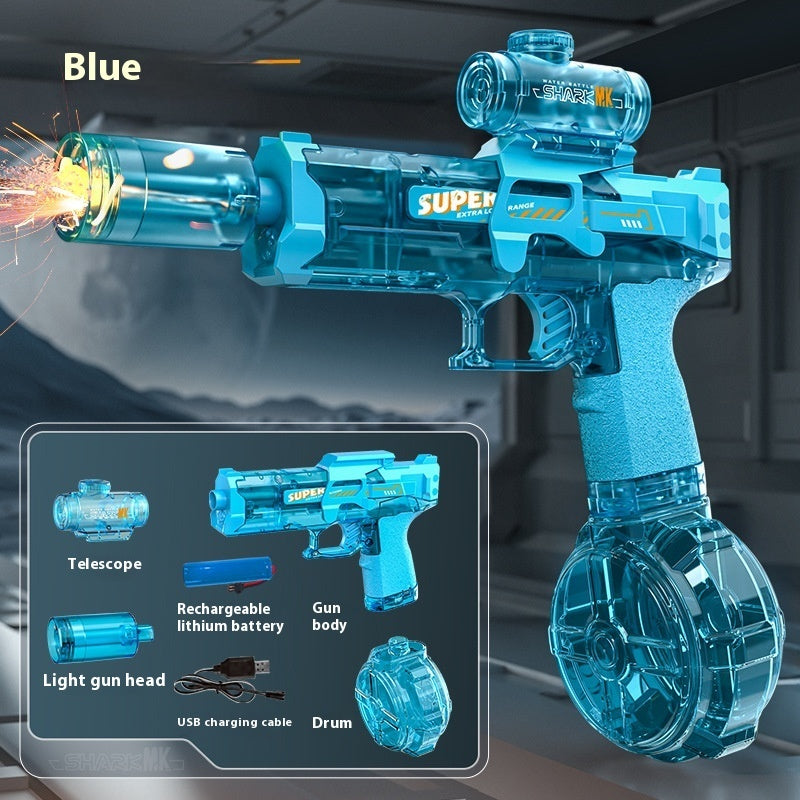 Blue toy gun with components displayed on a dark background