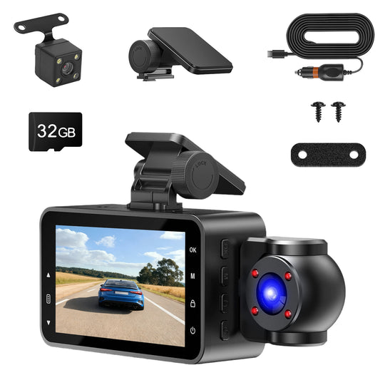 3-Channel 1080P WiFi Dash Cam with 32GB Card