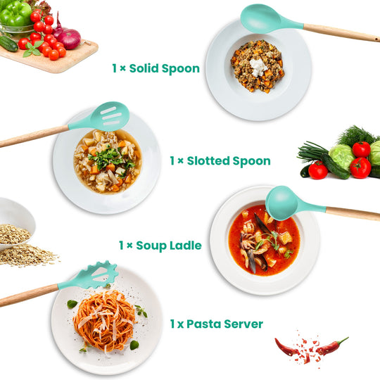 Set of kitchen utensils with food on plates against a white background