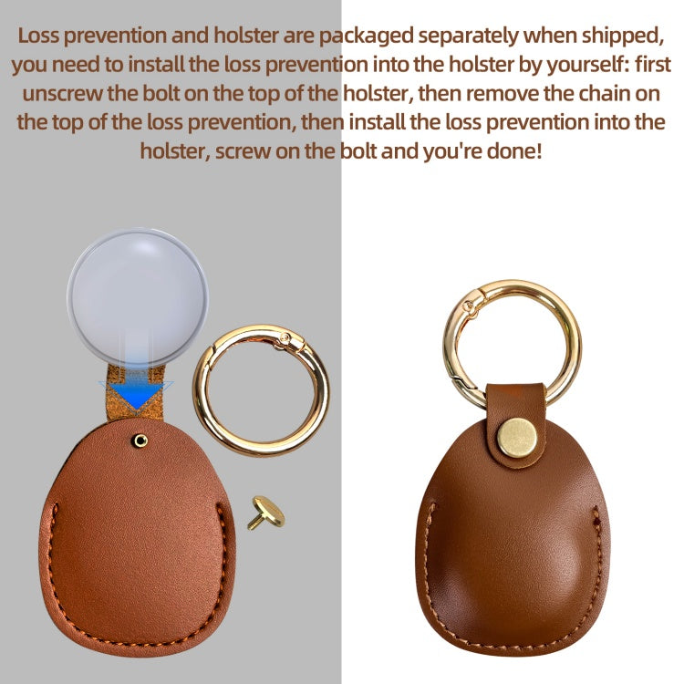 Brown leather keychain with loss prevention device and installation instructions.