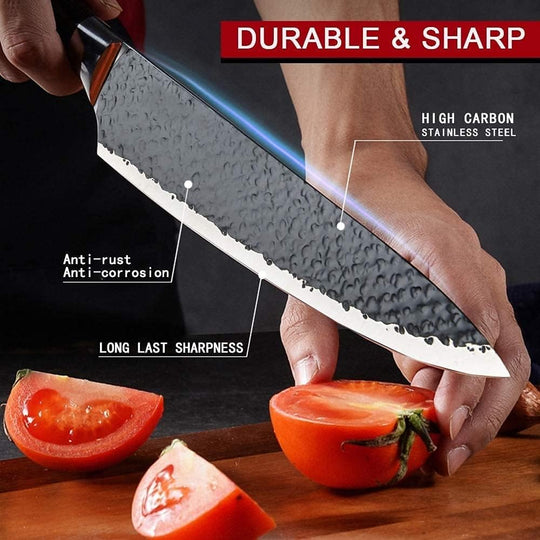 Knife being used to cut a tomato with text highlighting features like durability, sharpness, anti-rust, and anti-corrosion on a dark background.