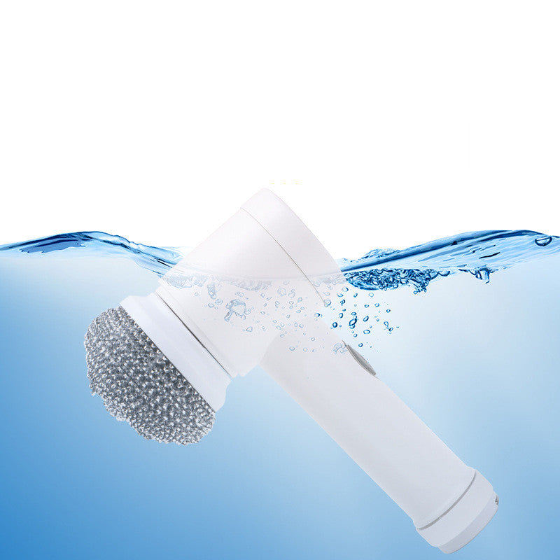 White handheld cleaning brush with bristle head submerged in water on a blue gradient background
