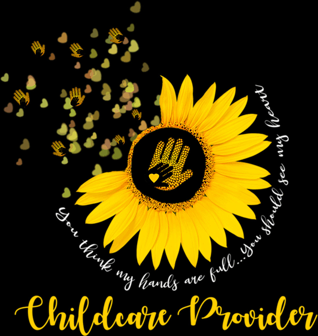 Yellow sunflower with a black center featuring a handprint and text on a black background.
