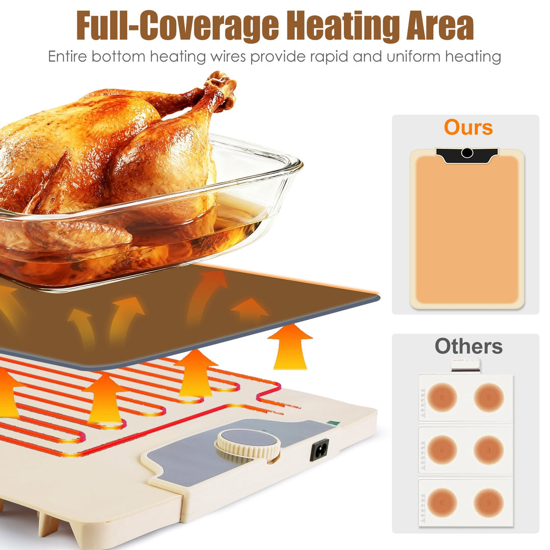 Heating mat with a roasted chicken, showing full-coverage heating area and comparing it to competitors&