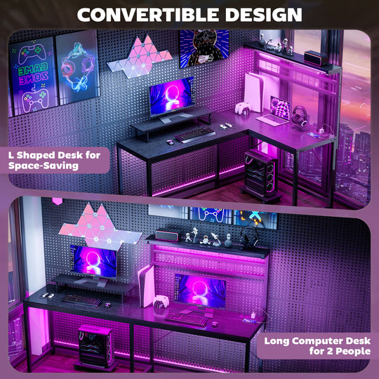 Gaming desk setup with convertible design features, including L-shaped and long configurations.