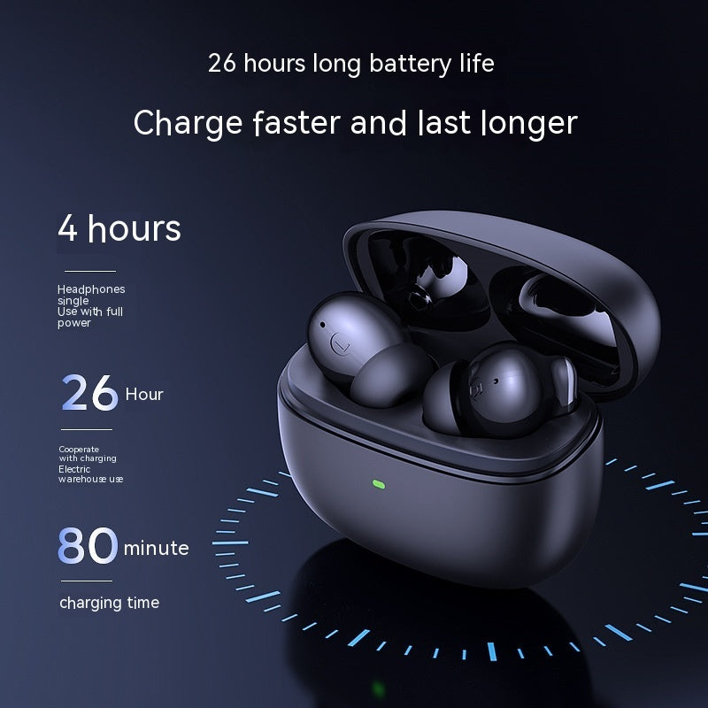 Wired earbuds in a charging case with battery life and charging time information on a dark background
