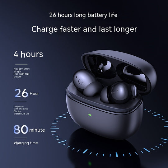 Wired earbuds in a charging case with battery life and charging time information on a dark background