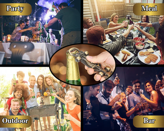 Collage of people at a party, meal, outdoor event, and bar scene with a focus on social activities and refreshments.