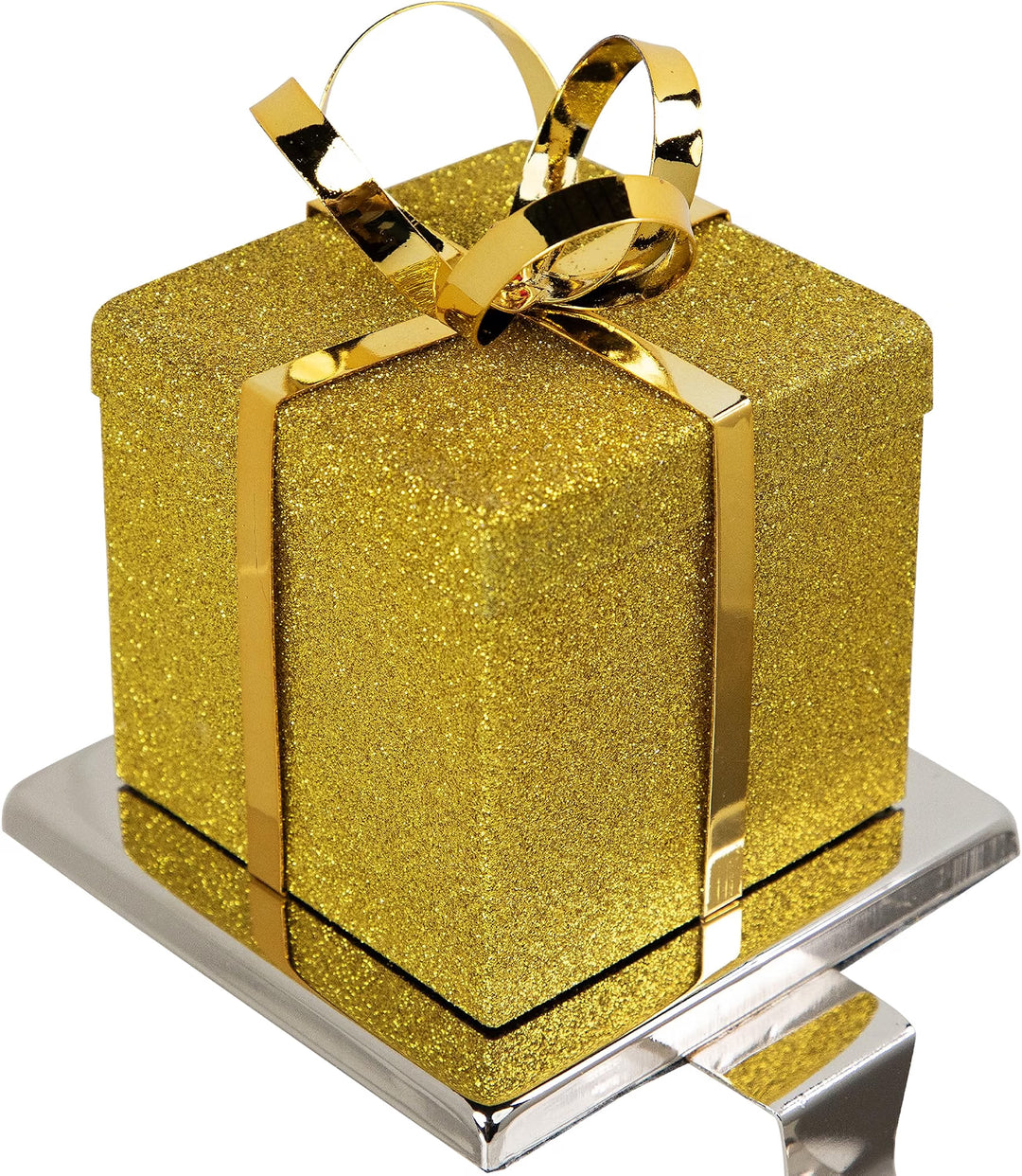 5.5" Glitter Gold and Silver Gift Box Metal Christmas Stocking Holder