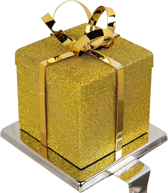 5.5" Glitter Gold and Silver Gift Box Metal Christmas Stocking Holder