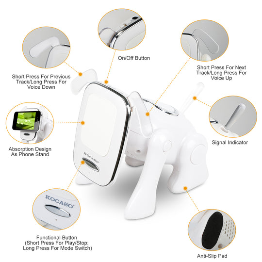 White wireless earbuds with features highlighted on a white background