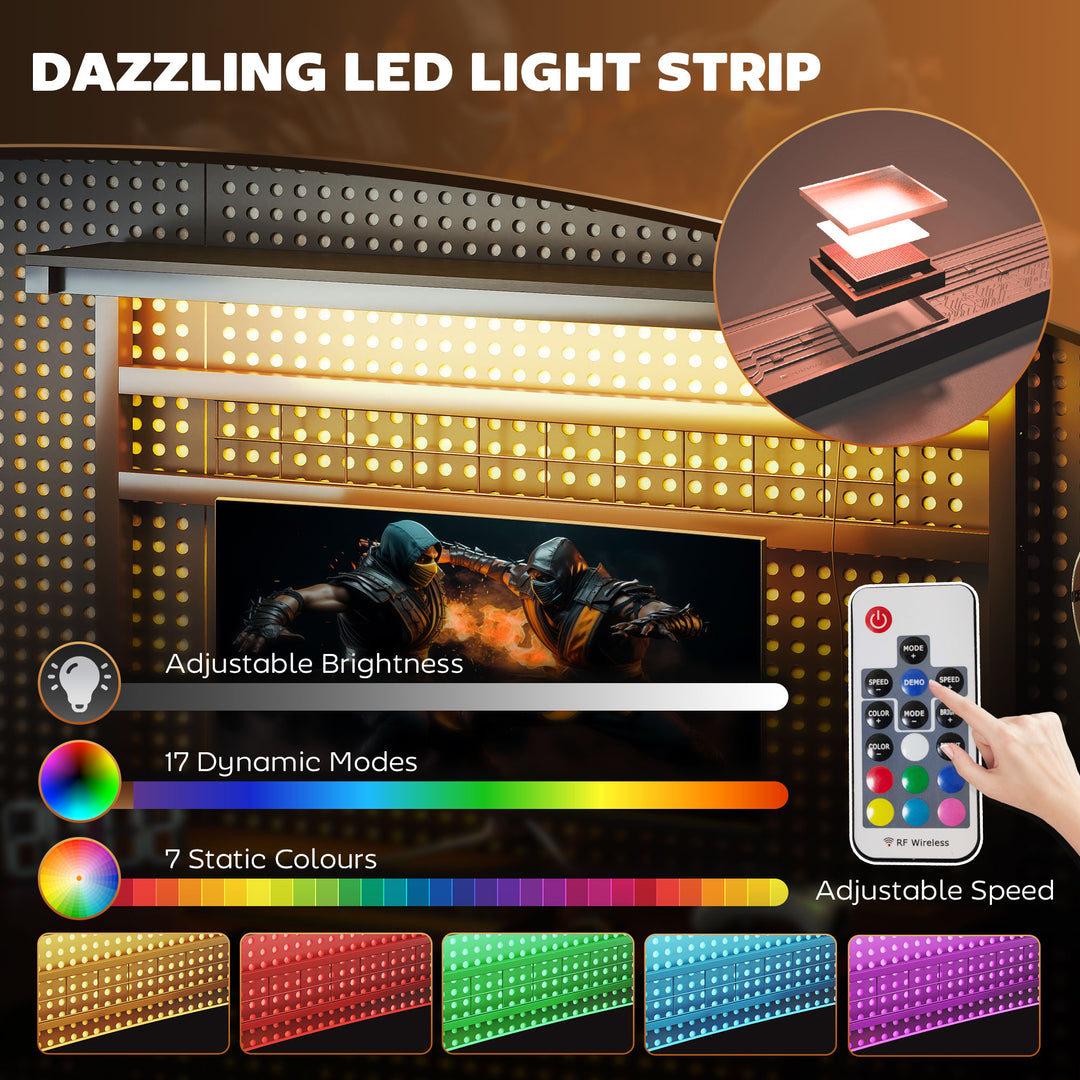 LED light strip with adjustable brightness, dynamic modes, and remote control on a dark background.