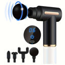 Portable SuperFamilyUSA Mini USB Rechargeable Massage Gun for muscle relief, showing the compact device with massage head attachment.