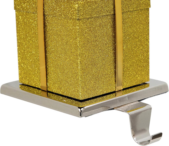 5.5" Glitter Gold and Silver Gift Box Metal Christmas Stocking Holder