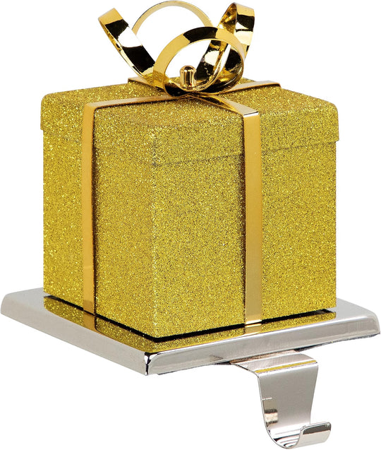 5.5" Glitter Gold and Silver Gift Box Metal Christmas Stocking Holder