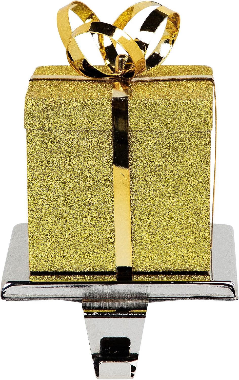 5.5" Glitter Gold and Silver Gift Box Metal Christmas Stocking Holder