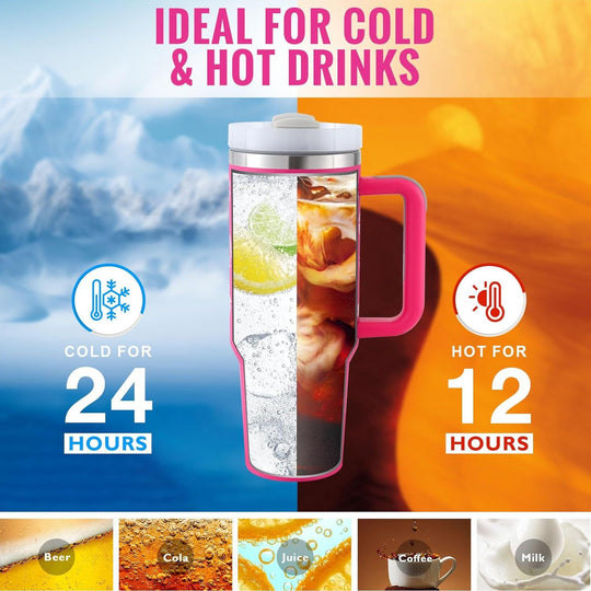 Insulated tumbler with pink handle shown with cold and hot beverage illustrations, text indicating temperature durability.