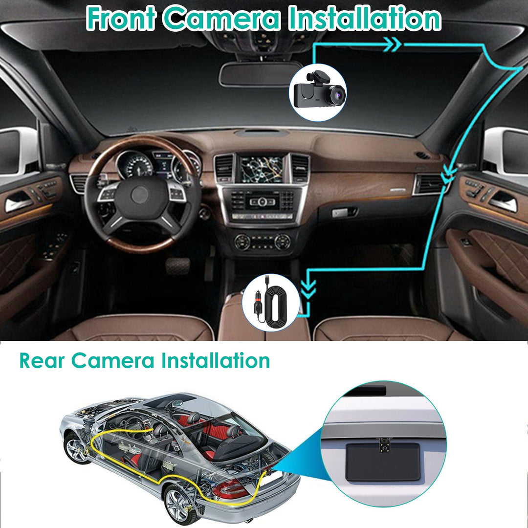 Car interior with front and rear camera installation instructions.