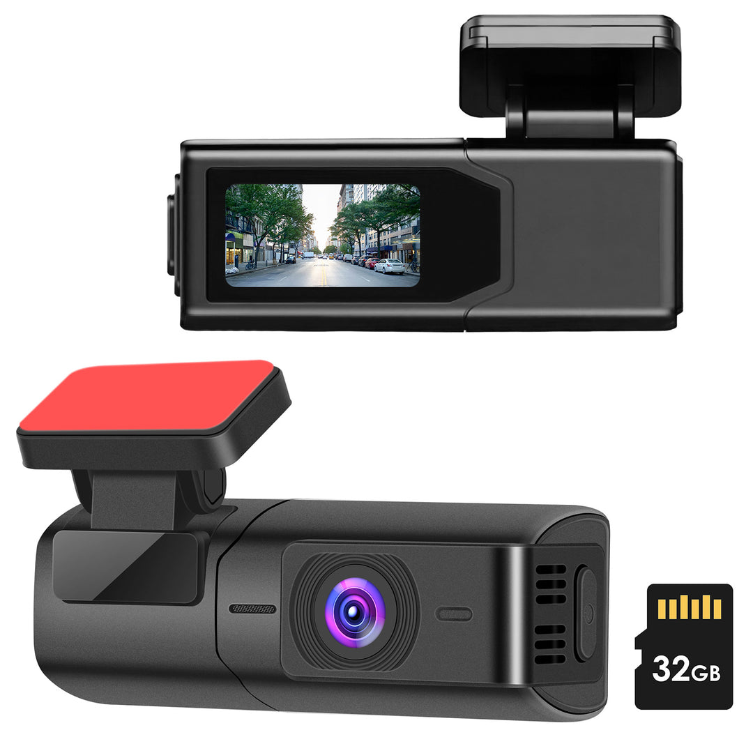 Car dashboard camera with screen, red button, and 32GB microSD card on a white background